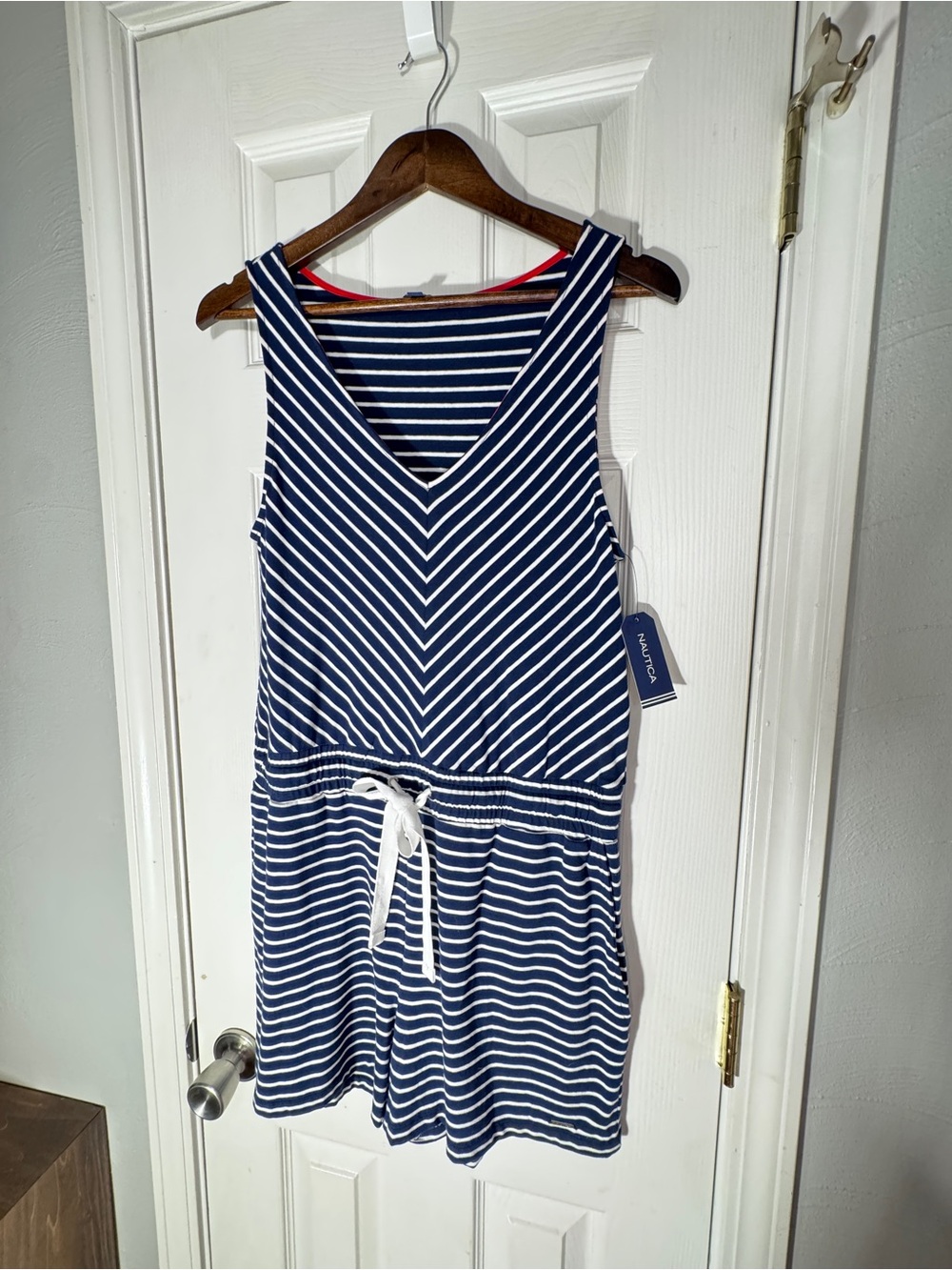 NWT Nautica Navy White Stripe Cotton/Spandex Drawstring Romper Medium - Picture 12 of 14